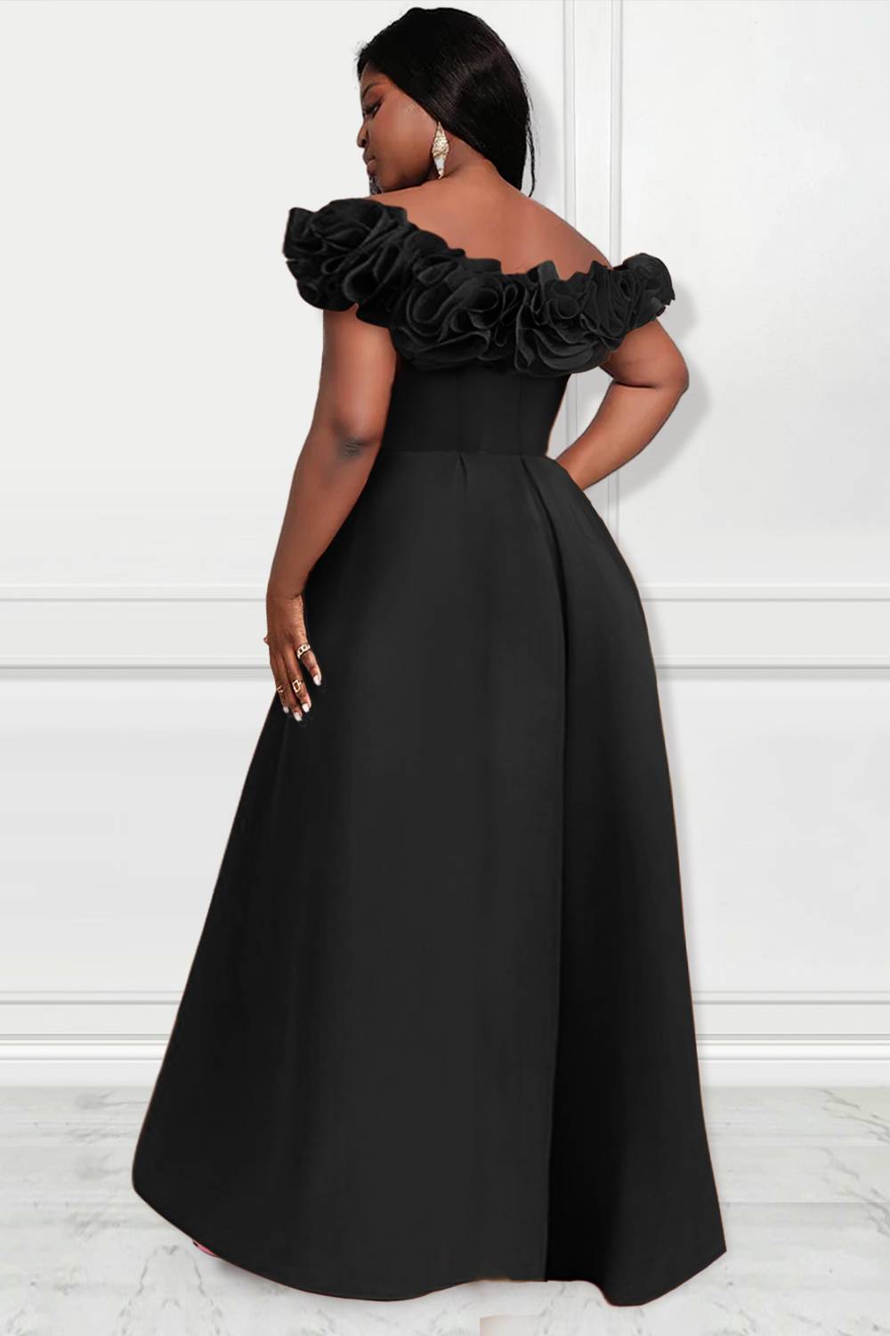 Design Plus Size Black Formal Satin Ruffle Off The Shoulder With Pocket Wide Leg Jumpsuits