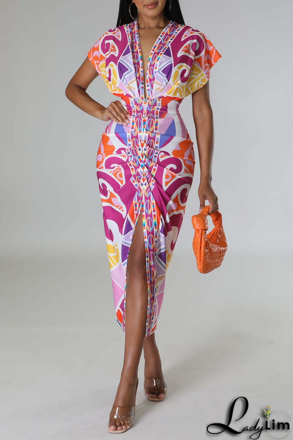 Royal Blue Sexy Print Patchwork Fold V Neck One Step Skirt Dresses