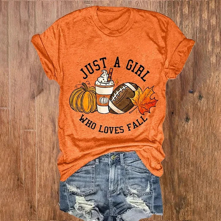 VChics Just A Girl Who Loves Fall Pumpkin Maple Leaf Autumn Print T-Shirt