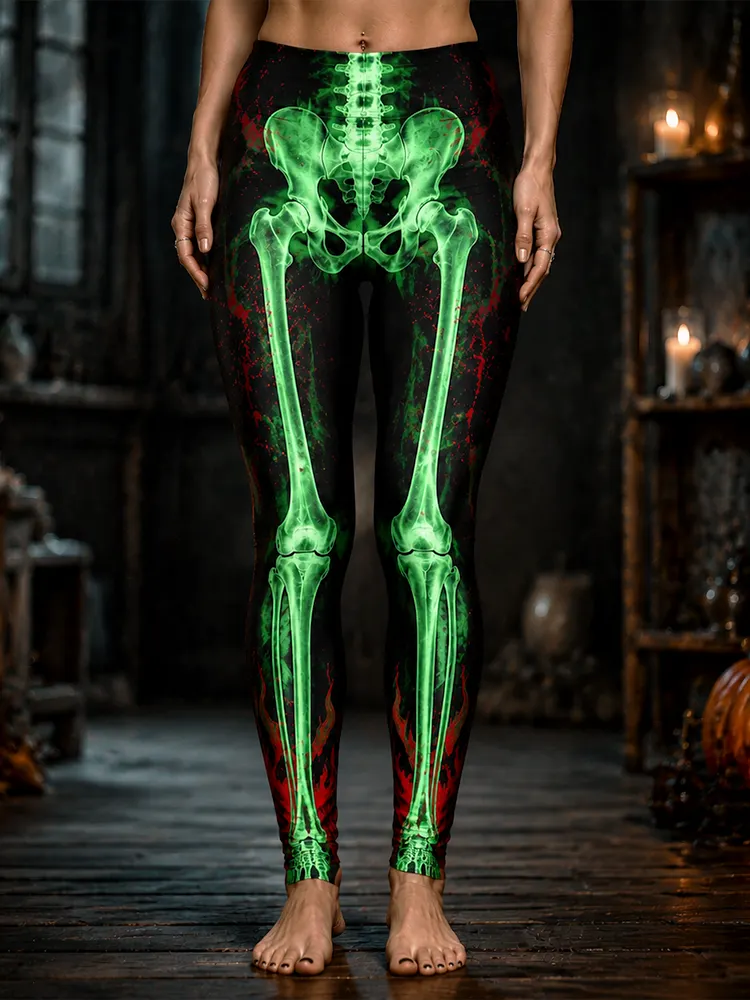 Women's Halloween Leggings - Glow-in-the-dark Neon Green X-ray Skeleton Bones And Blood Splatter Skinny Trousers