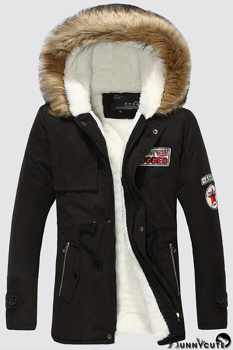 Black Casual Patchwork Draw String Zipper Hooded Collar Outerwear