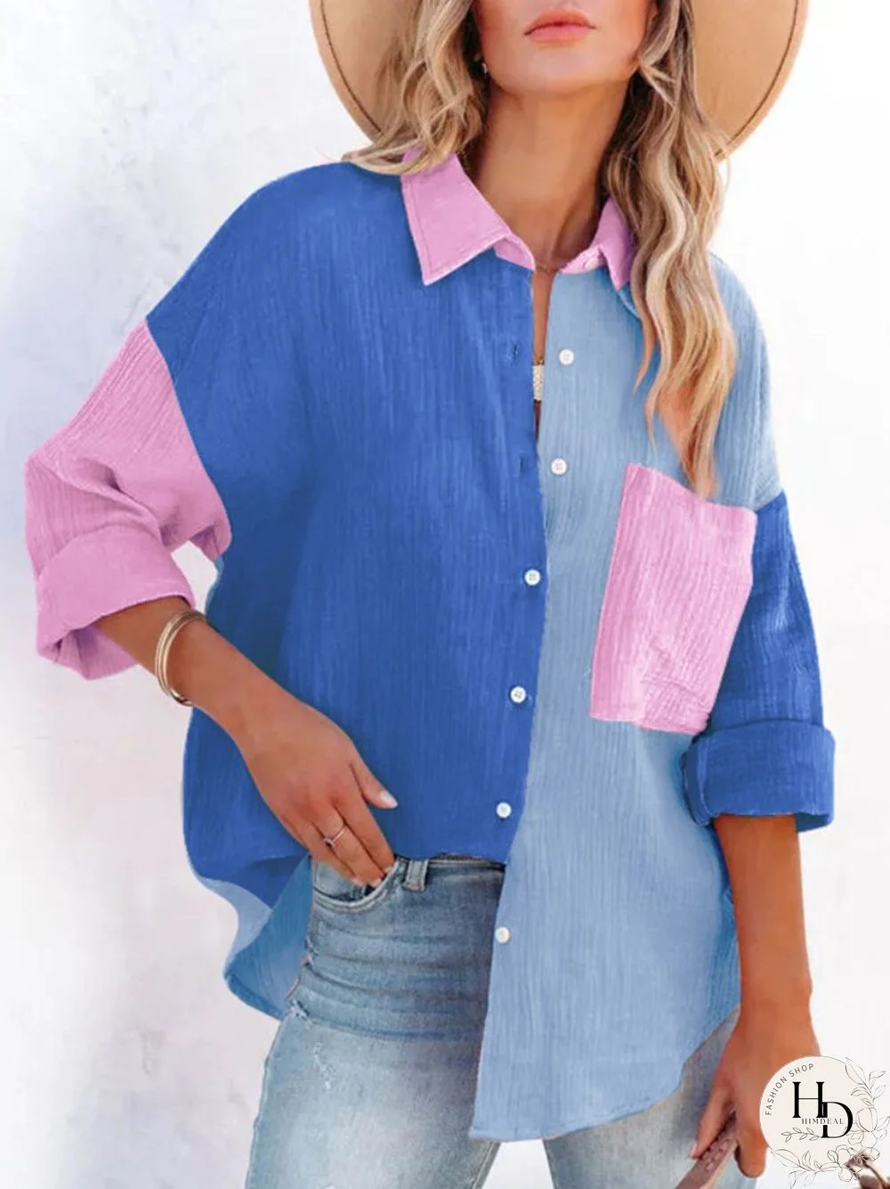 Summer New Long-sleeved Shirt Women's Contrast Color Stitching Off-the-shoulder Cardigan Shirt Fashion Casual Women's Clothing