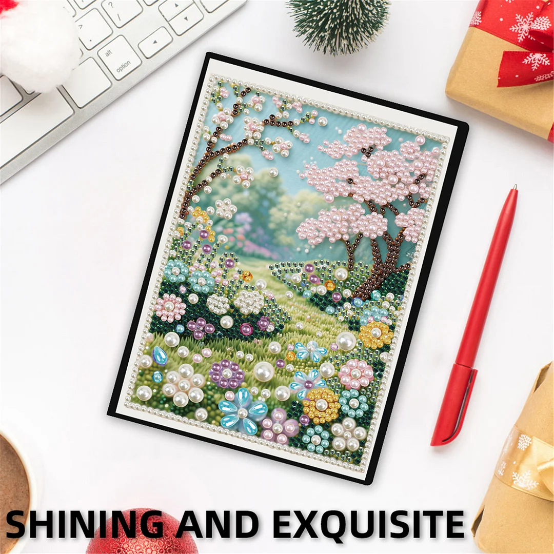 Spring Forest Partial Pearl DIY 50 Pages A5 Diamond Painting Notebook Special Shaped Diamond Art Diary Book Kits Wireless Strip 5D Crystal Art Paintings Sketchbook for Art Drawing