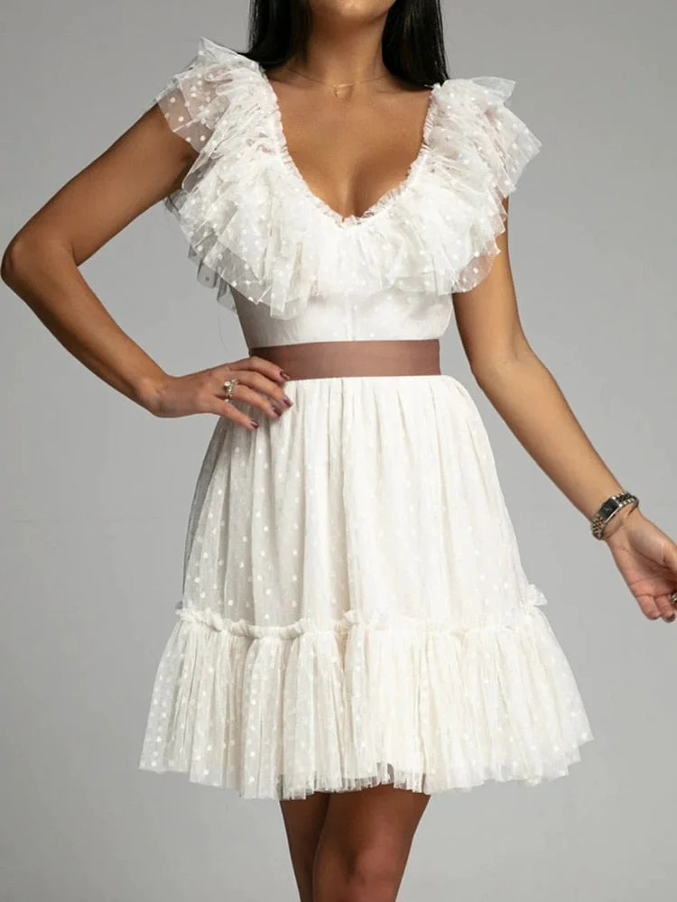 2022 Summer Ladies Sexy Deep V Neck Gauze Party Dress Women Elegant Solid Sleeveless Knee-Length Dress Streetwear Sweet Dresses