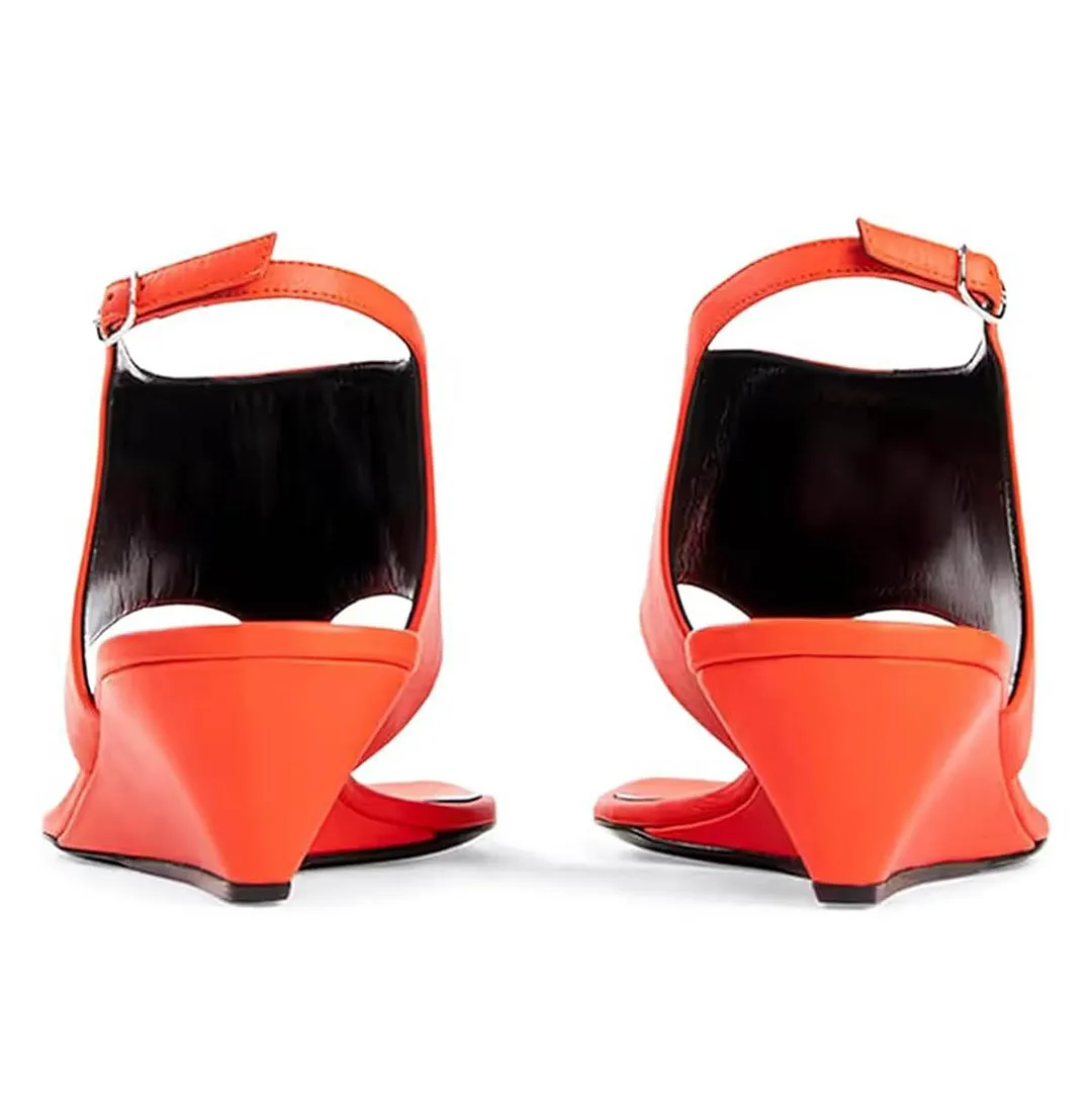 Orange Square Toe Flip Flops Ankle Strap Sandals with Wedge Heel