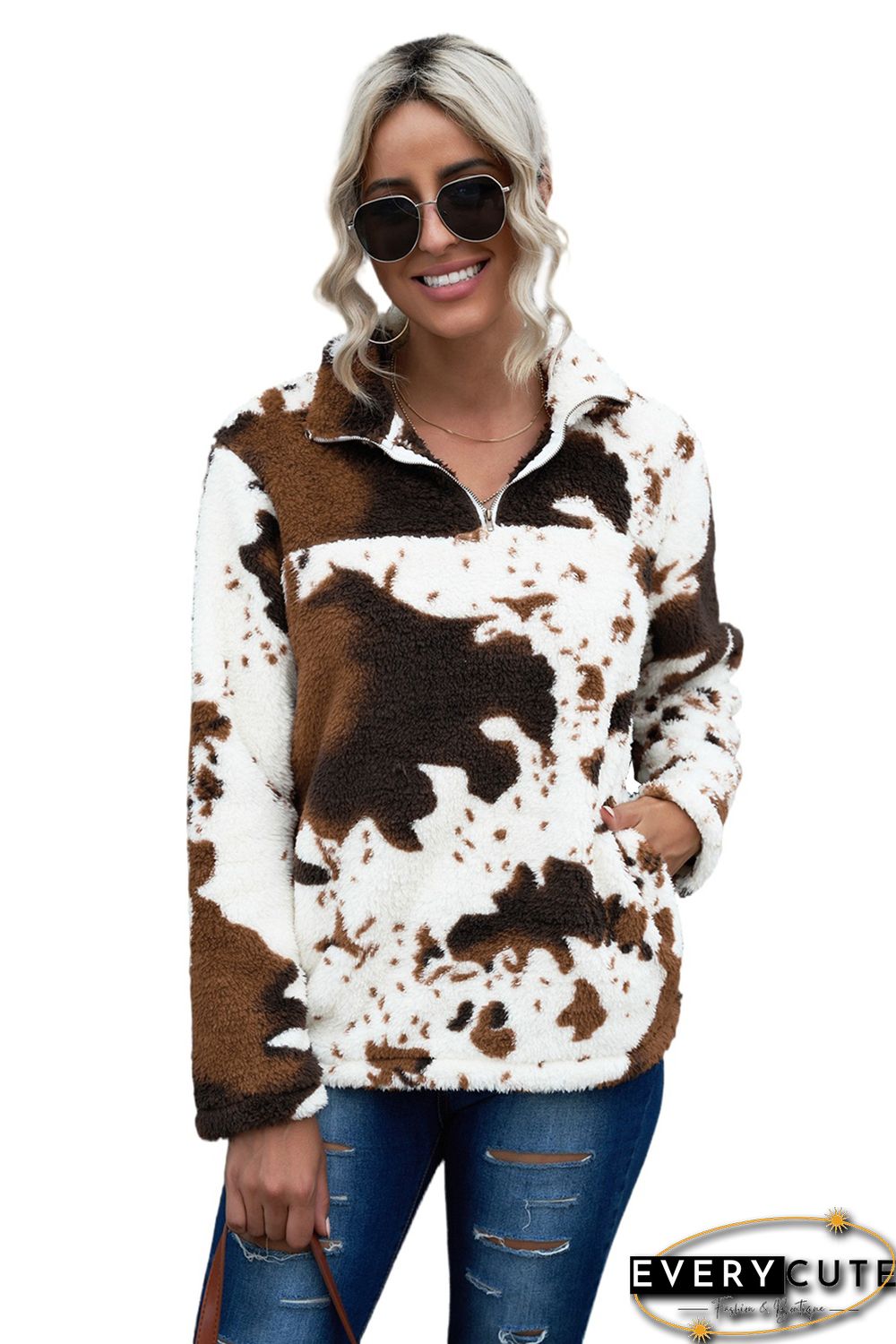 Zip Collar Cow Print Fleece Sweatshirt