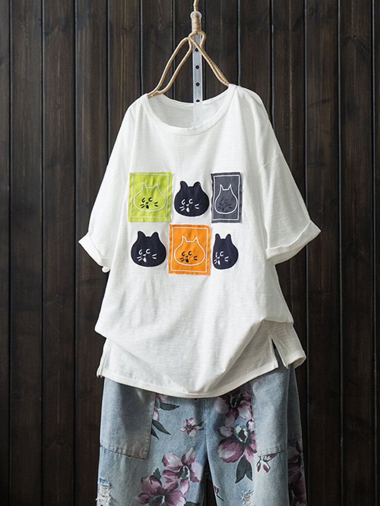 Cartoon Cat Girl Print Patch Short Sleeve Casual T shirt P1454048