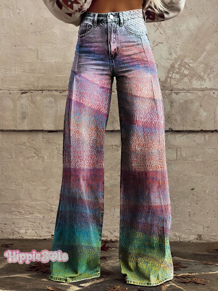 Women’s Colorful Gradient Art Print Casual Wide Leg Pants Multicolor / Xs