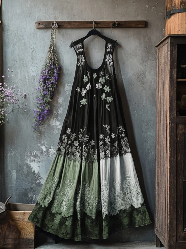Boho Floral Embroidered Pattern Lace Patchwork Contrast Color Art Linen Dress
