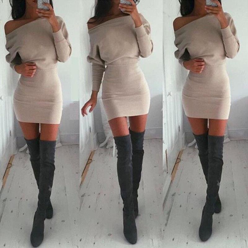 Off Shoulder Long Sleeve Cocktail Party Bodycon Casual Short Mini Cotton Dress - VSMEE