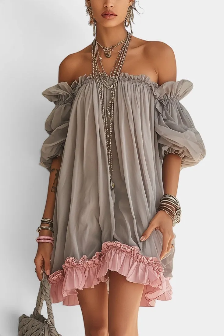 Off-Shoulder Mini Dress with Layered Ruffle Hem