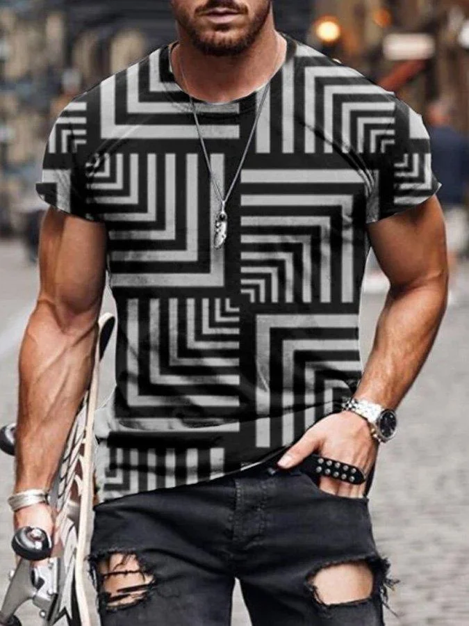 Black Cotton-Blend Casual Geometric Shirts & Tops