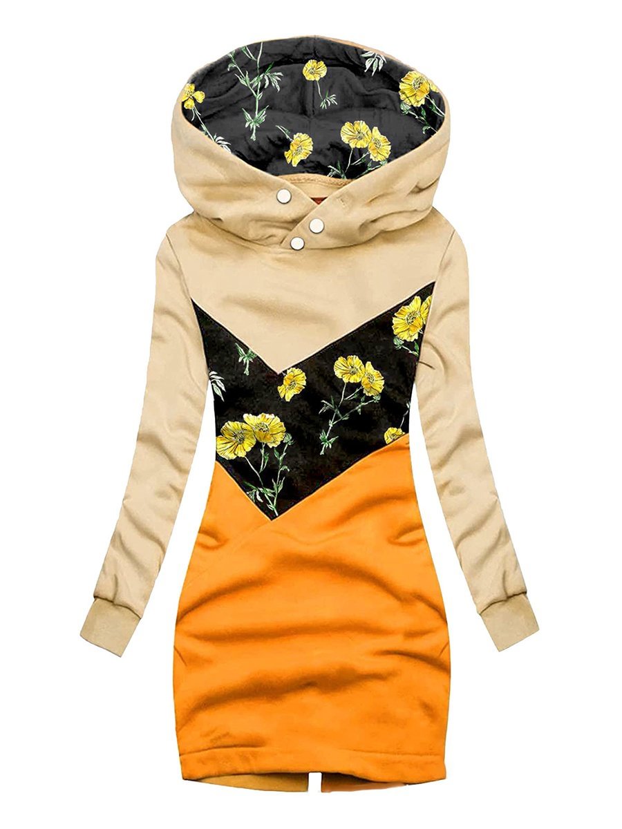 Casual Floral Print Patchwork Zipper Hoodie