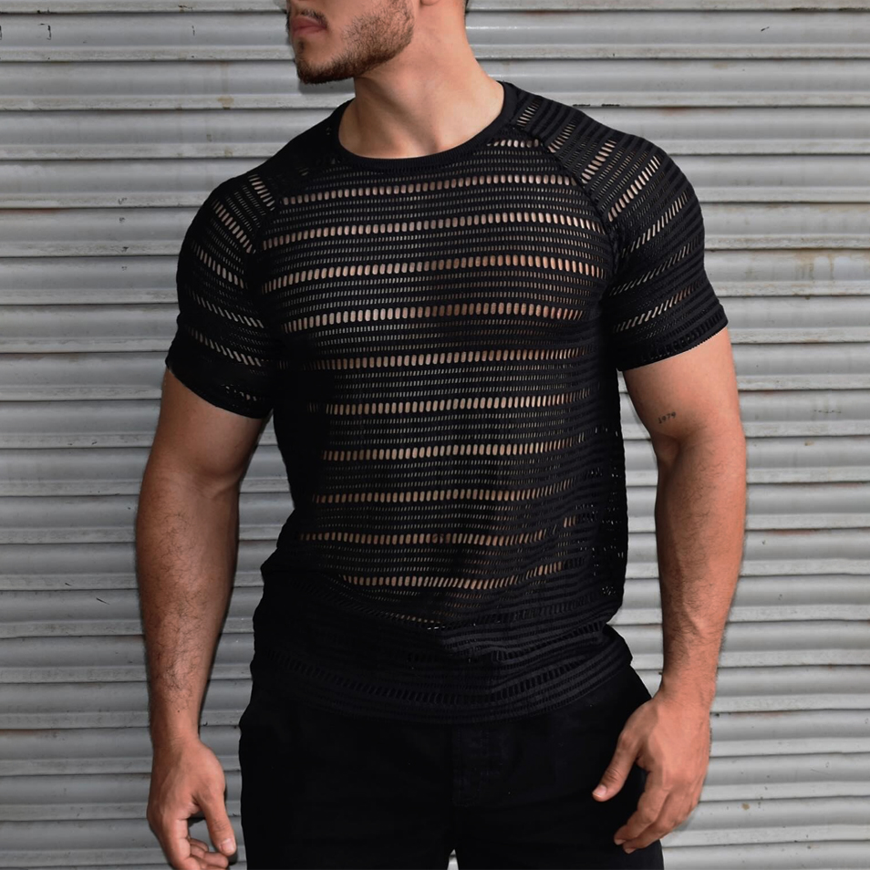 Men's See-through Striped Mesh T-shirt / TECHWEAR CLUB / Techwear