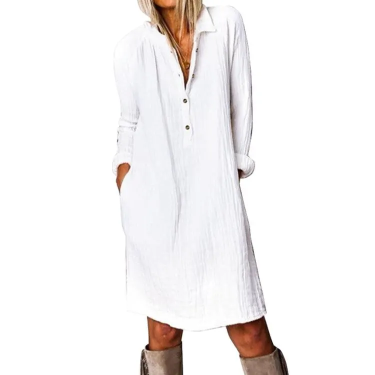 Pure Color Cotton and Linen Long-sleeved Short Dress Woman's Dress-vocosishoes