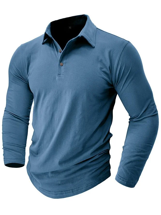 Men's Pure Cotton Solid Color Basic Simple Henley Polo Long Sleeve Top