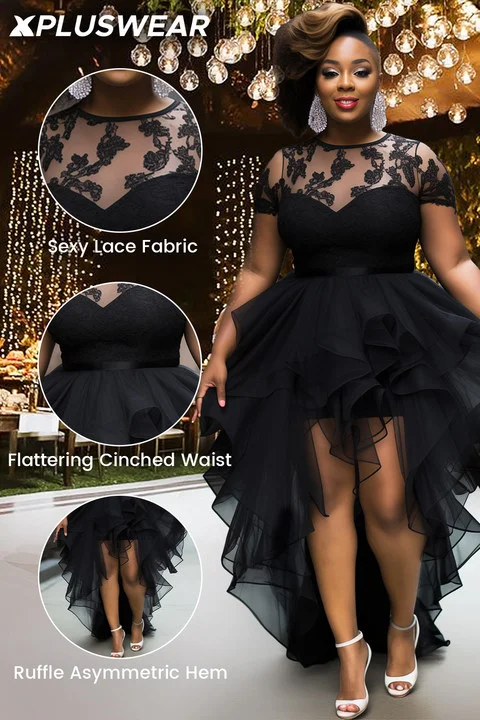 Xpluswear Design Plus Size Cocktail Party Black Round Neck Short Sleeve Asymmetric Hem Ruffle Tulle Mini Dresses [Pre-Order]