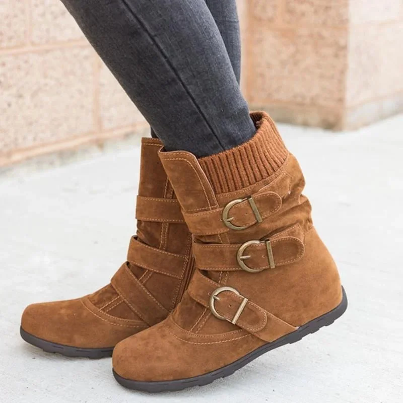 Fashion New Autumn Winter Womens Round Toe Belt Buckle Slip-On Flat Sandals