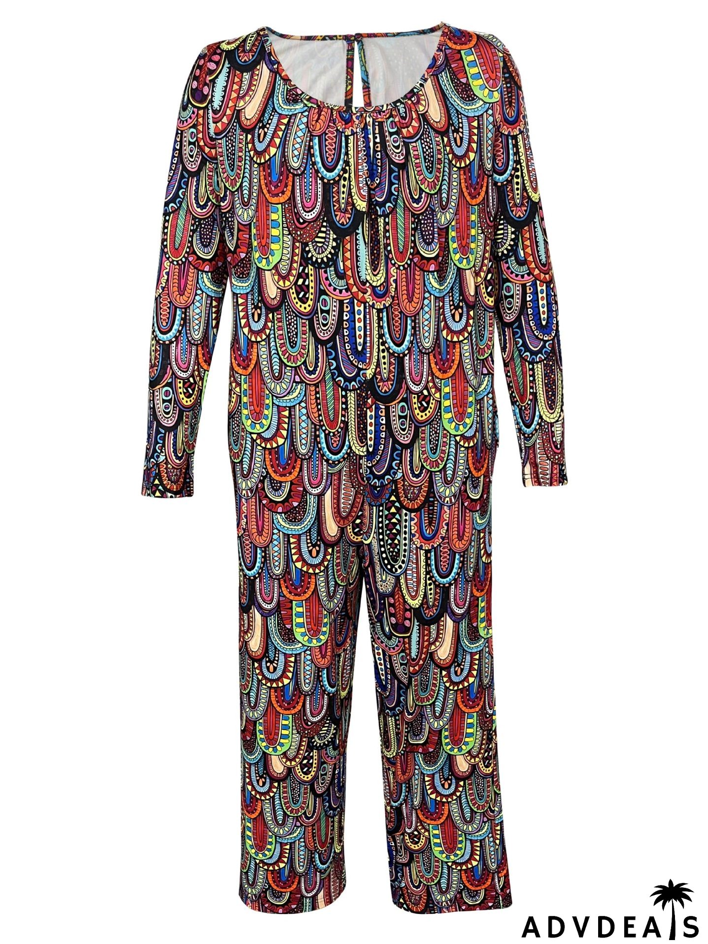 Women Print Casual Round Neck Loose Long Sleeve Jumpsuit