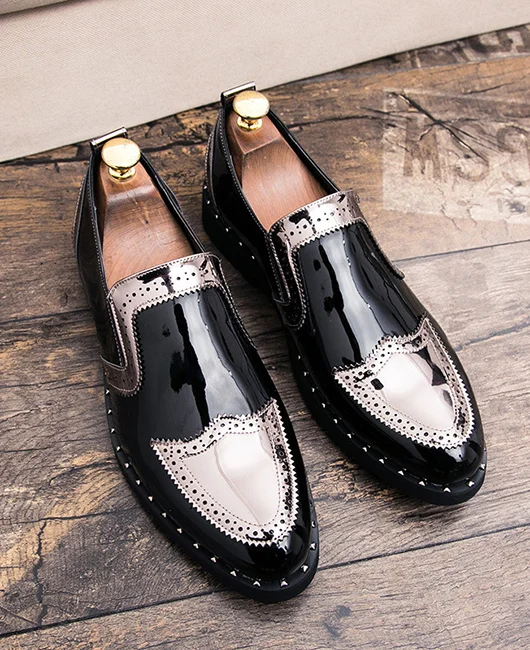 Business Pointed Toe Patent Leather Colorblock Loafer Shoes Okaywear
