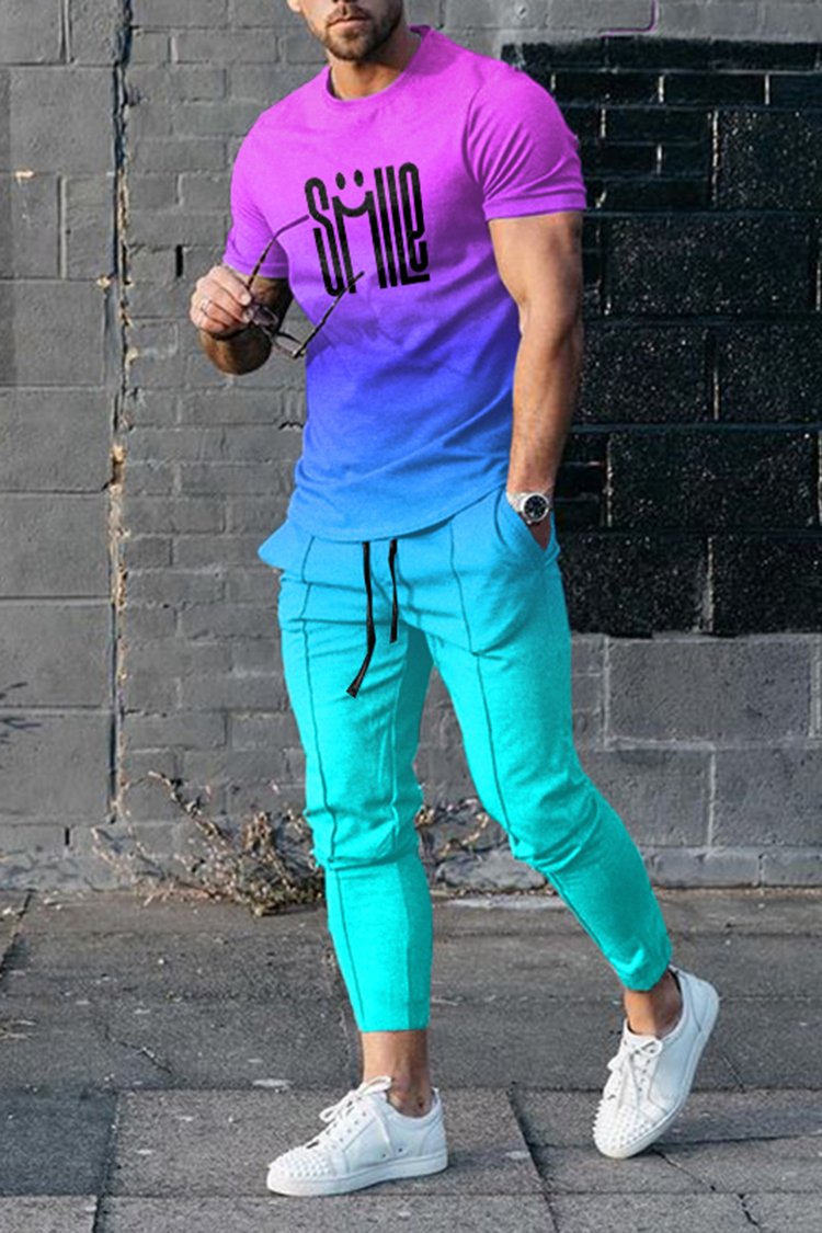 Blue Purple Gradient T-Shirt And Pants Two Piece Set