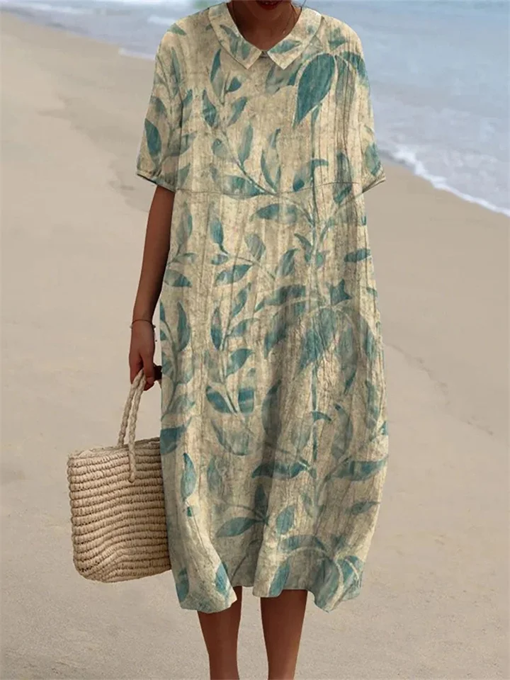 New Large Size Women's Shirt Short-sleeved Dress Vintage Botanical Print Dresses