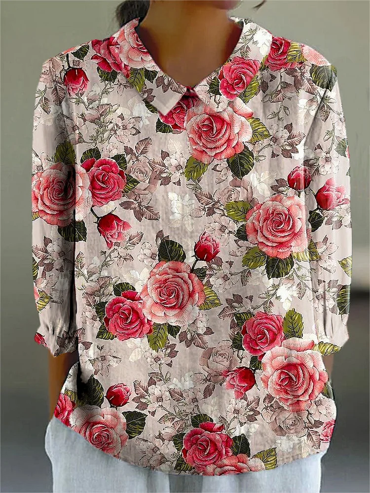 Women's Vintage Floral Art Print Casual Cotton And Linen 3/4 Sleeve Shirt