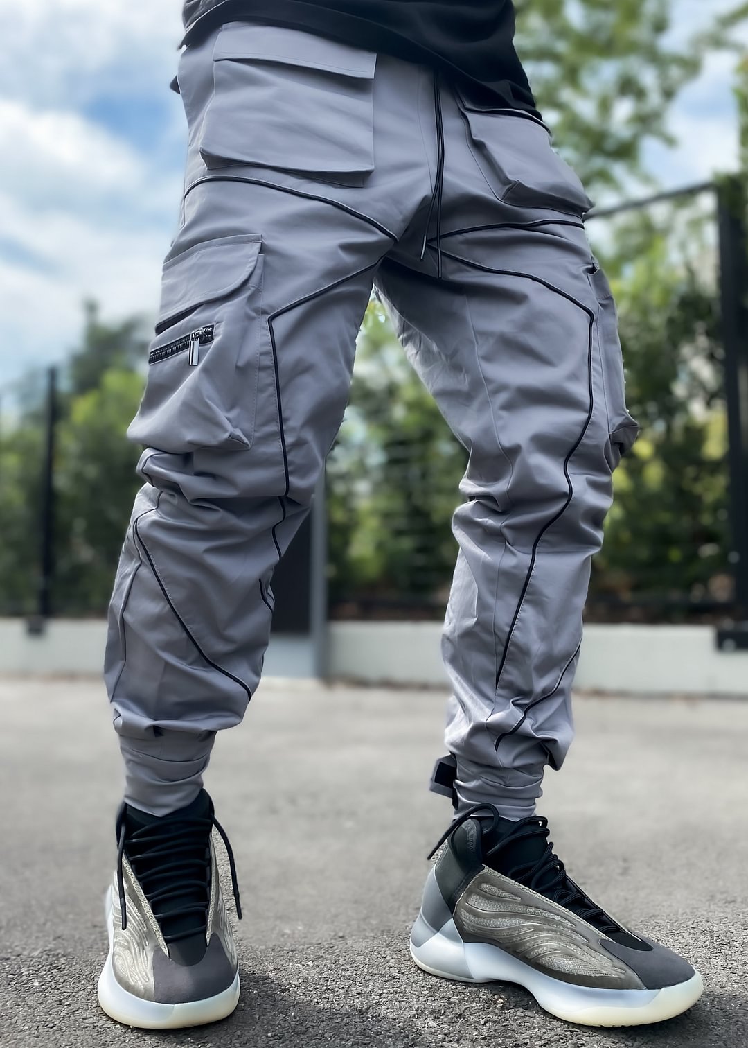Fashion street style multi-pocket overalls loose straight-leg trousers