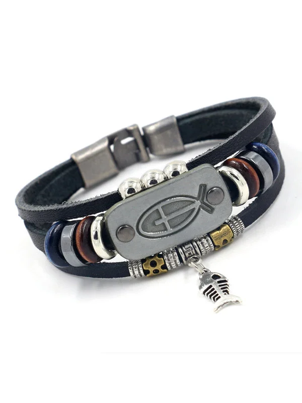 Cross Jesus Fish Leather Bracelet