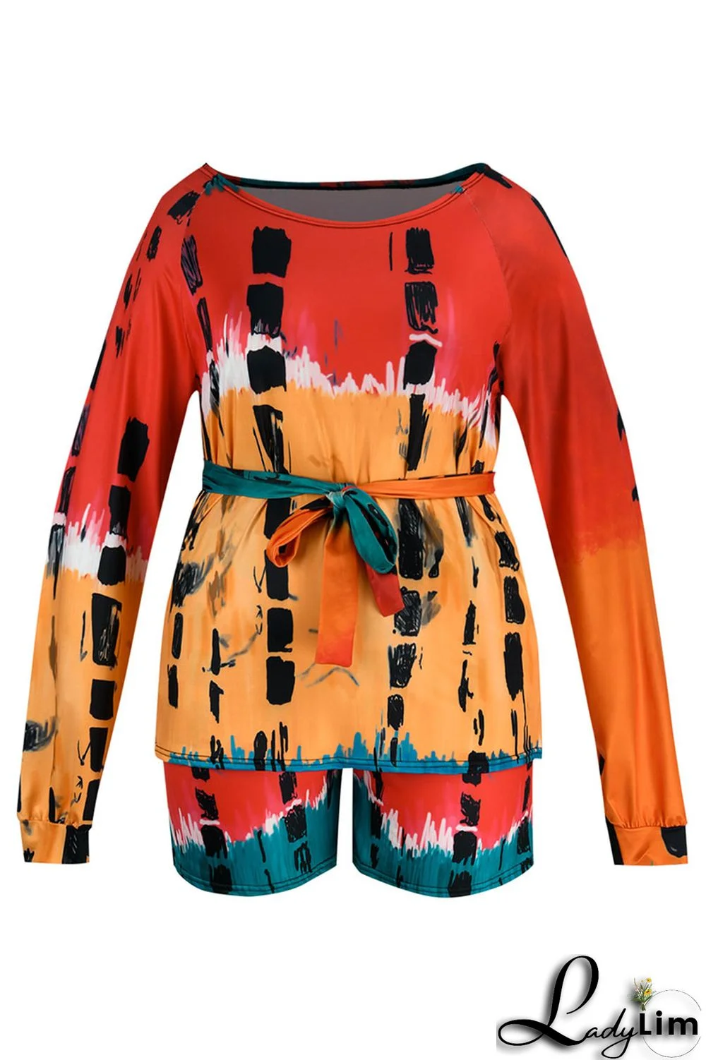 Red Casual Print Patchwork Off the Shoulder Plus Size Two Pieces