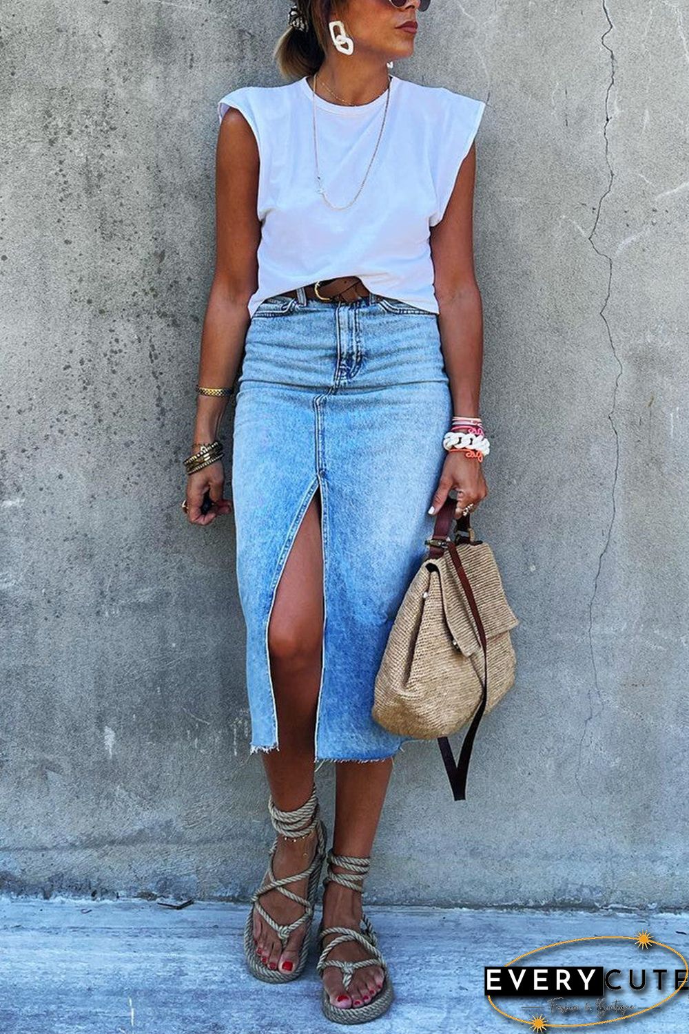 Fashion Slit Regular High Waist Type H Solid Color Bottoms