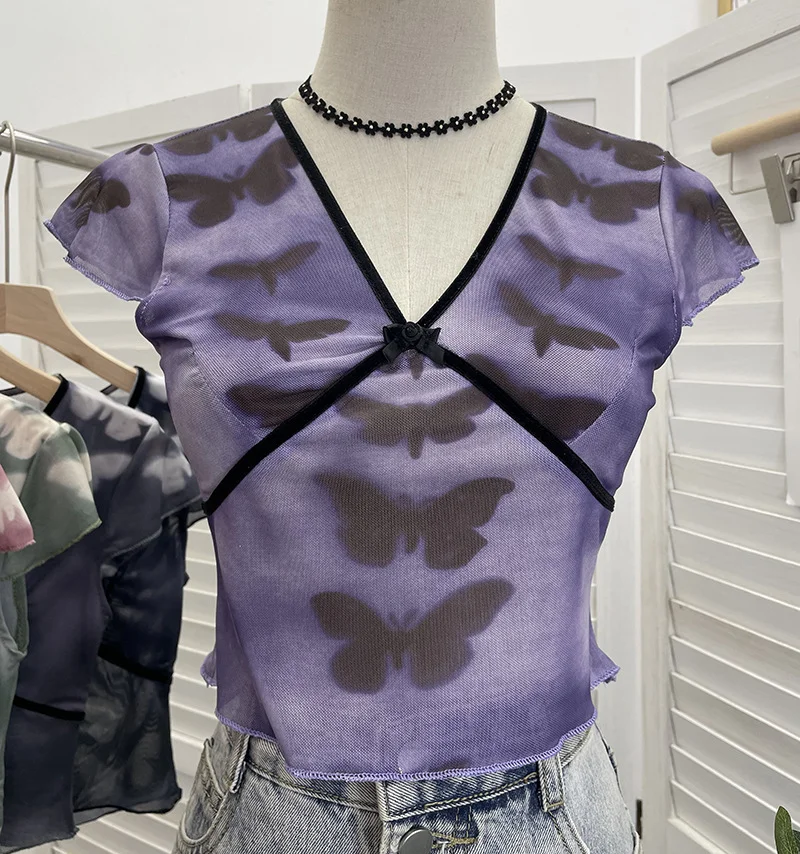 Uveng Sexy Hottie V-Neck Butterfly Print Short-Sleeved T-Shirt Slime Short-Navel Net T-Shirt Girl 9920
