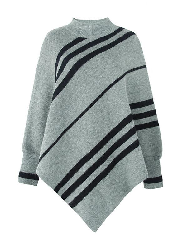 Women's Scoop Neck Long Sleeve Knit Shawl Striped Sweater Top