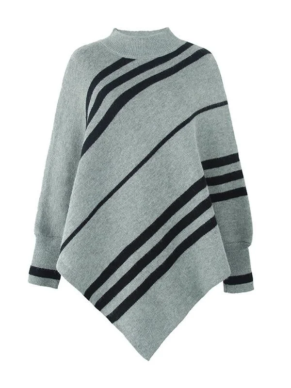 Women's Scoop Neck Long Sleeve Knit Shawl Striped Sweater Top