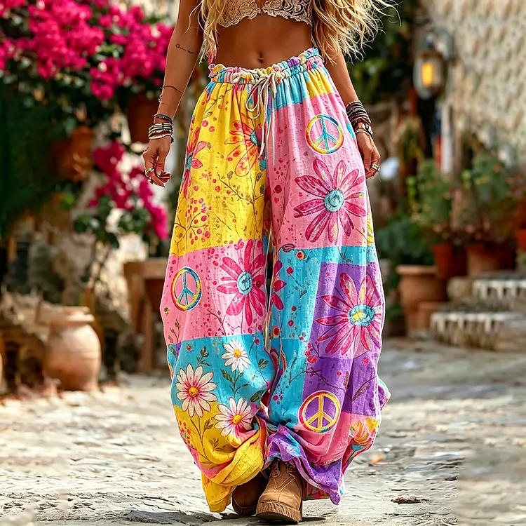 Women's Hippie Floral Pattern Art Embroidered Linen Blend Pants