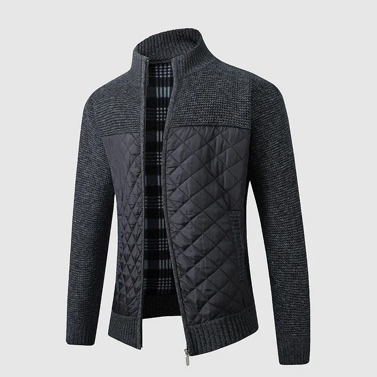 Casual Patchwork Zipper Stand Collar Long Sleeve Knitted Jacket