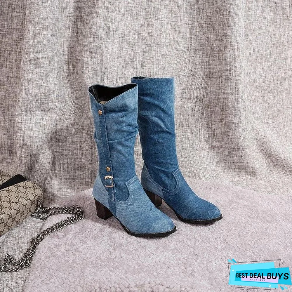 Thick Heel Buckle Cowboy Boots