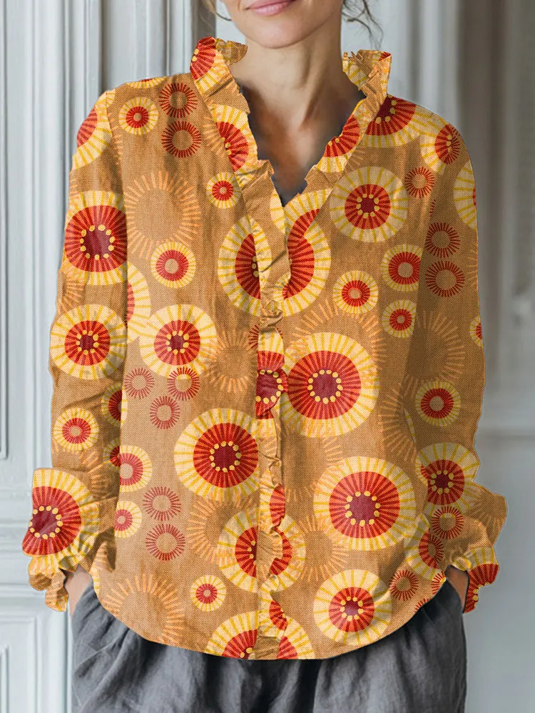 Women's Vintage Flower Art Print Casual Cotton And Linen Ruffle Shirt