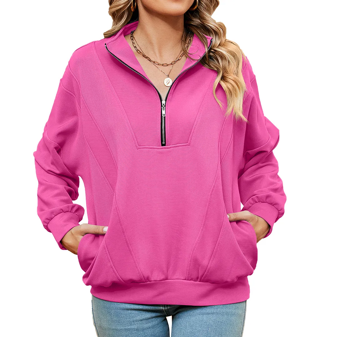 Churchf Churchf New Standing Collar Zipper Pocket Solid Color Long Sleeve Casual Hoodie Woman