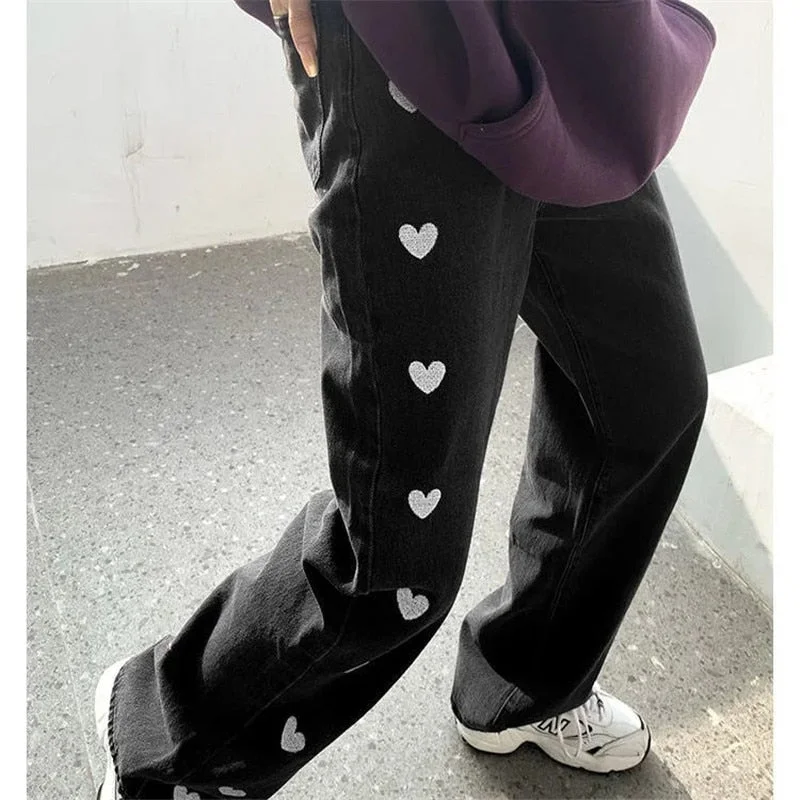 Streetwear Heart Embroidery Baggy Jeans Women High Waist Loose Wide Leg Long Pants Straight Denim Trouser Pantalones De Mujer