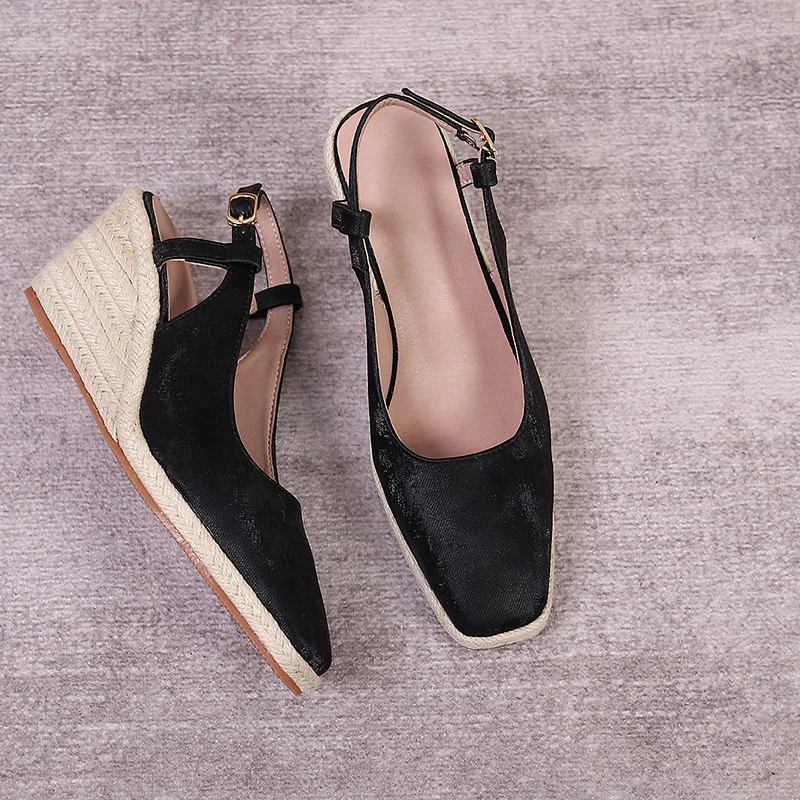Wongn Wongn Square Head Thick Bottom High Heel Head Drag Straw Hemp Bottom One-Line Women's Single Shoes