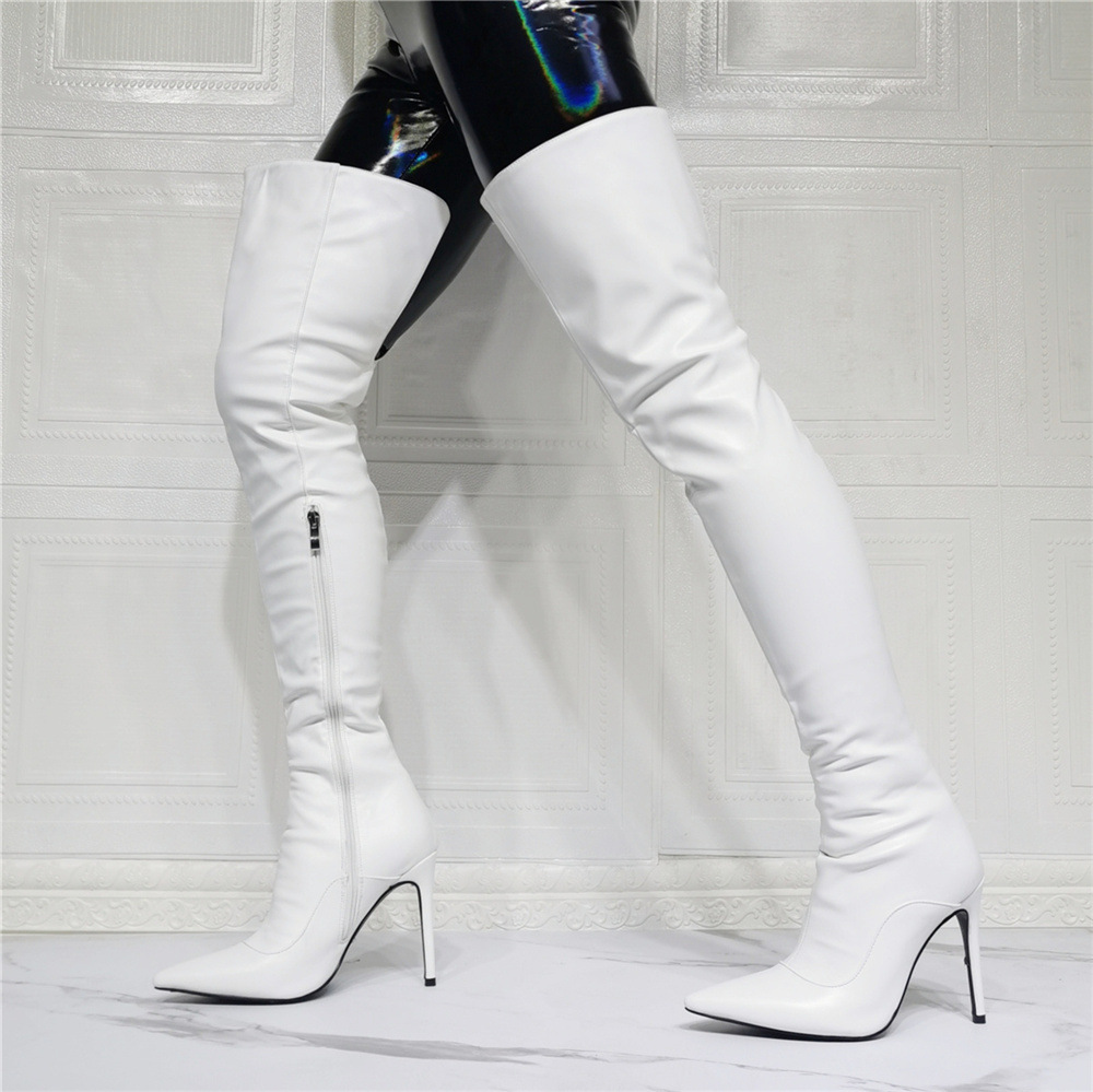 Women's Fashion White Pu Leather Pointed Toe stiletto Over The Knee  High Thigh Boots Novameme