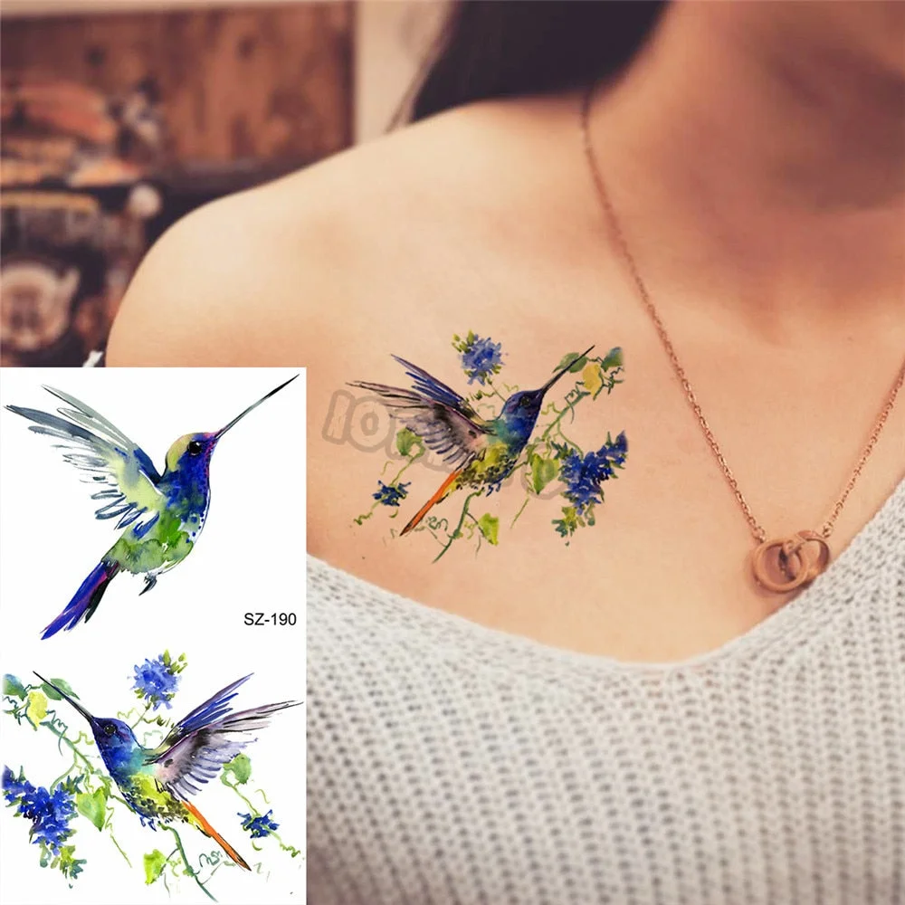 Colorful Dinosaur Temporary Tattoos For Kids Girls Rose Flower Lavender Hummingbird Fake Tattoo Sticker Forearm Neck Tatoos Show