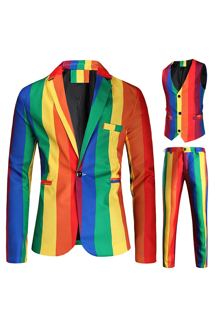 Men's Rainbow Striped Festival Jacket Pants Vest Slim Three Piece Set