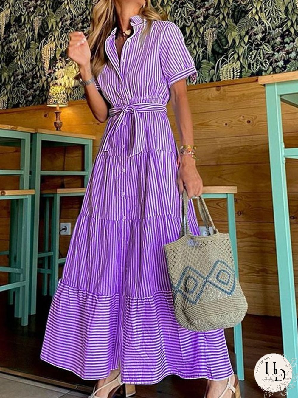 Fashion Stripe Short Sleeve Loose Medium Length Dress