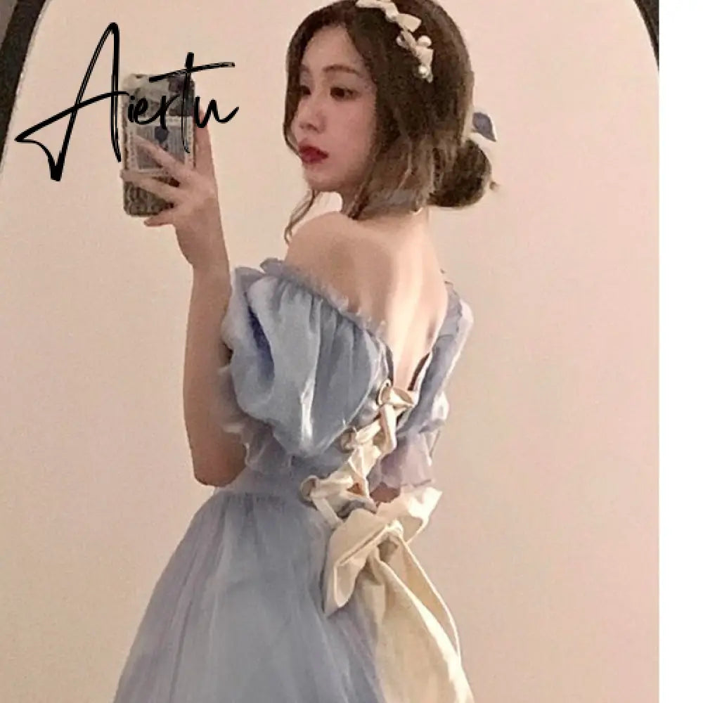 France Mesh Lolita Dress Women Summer Blue White Black Gothic Evening Party Dresses Sweet Korean Princess Fairy Dress Aiertu