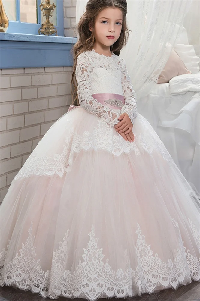 Lovely Long Sleeves Lace Flower Girl Dress Tulle Lace-up Bowknot Back - lulusllly