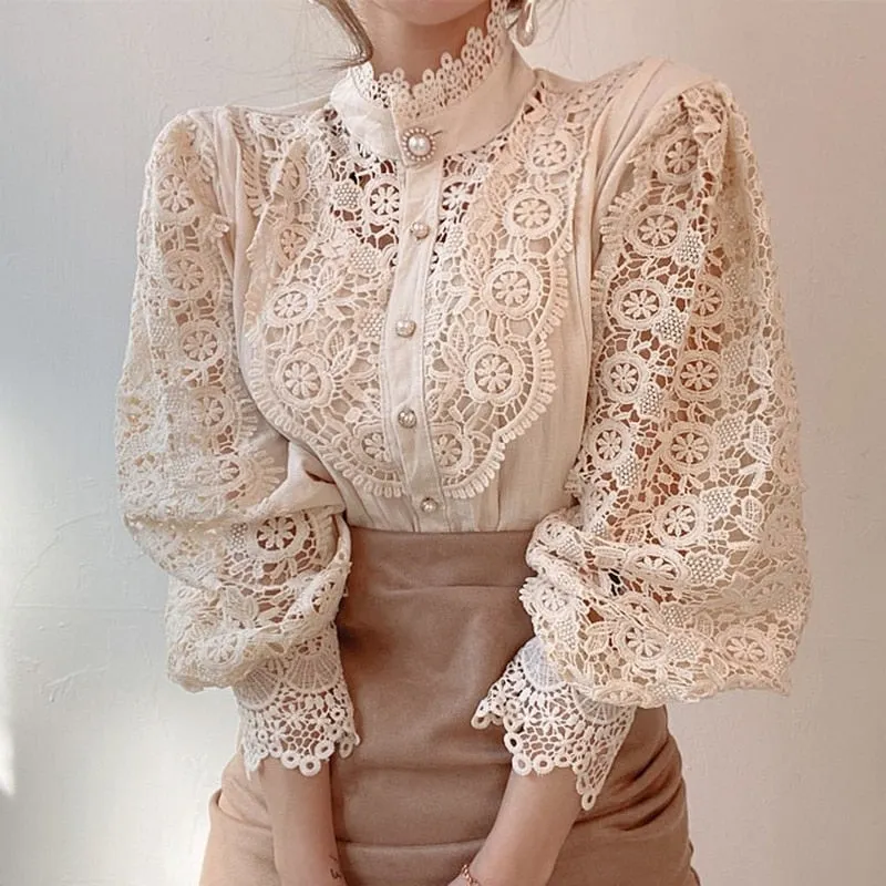 White Patchwork Shirt Button Hollow Out Tops Korean Chic Lace Blouse Women Flower Stand Collar Blusas Petal Sleeve Blouses 12419