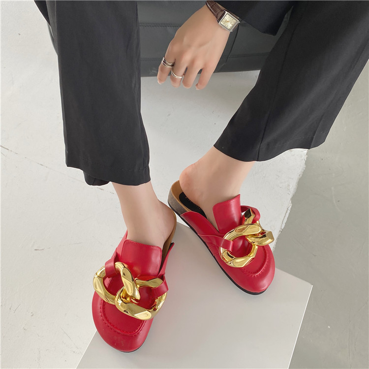 TAAFO Classy Women Mules Shoes Flat Slipper Shoes Black Mules Shoes With Chain