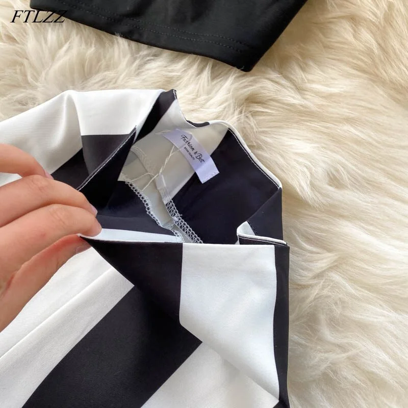 FTLZZ 2021 Women Suit 2 Piece Set Short High Waist Black and White Striped Wide Leg Pants Sexy Party Club  Women 2 Piece Set